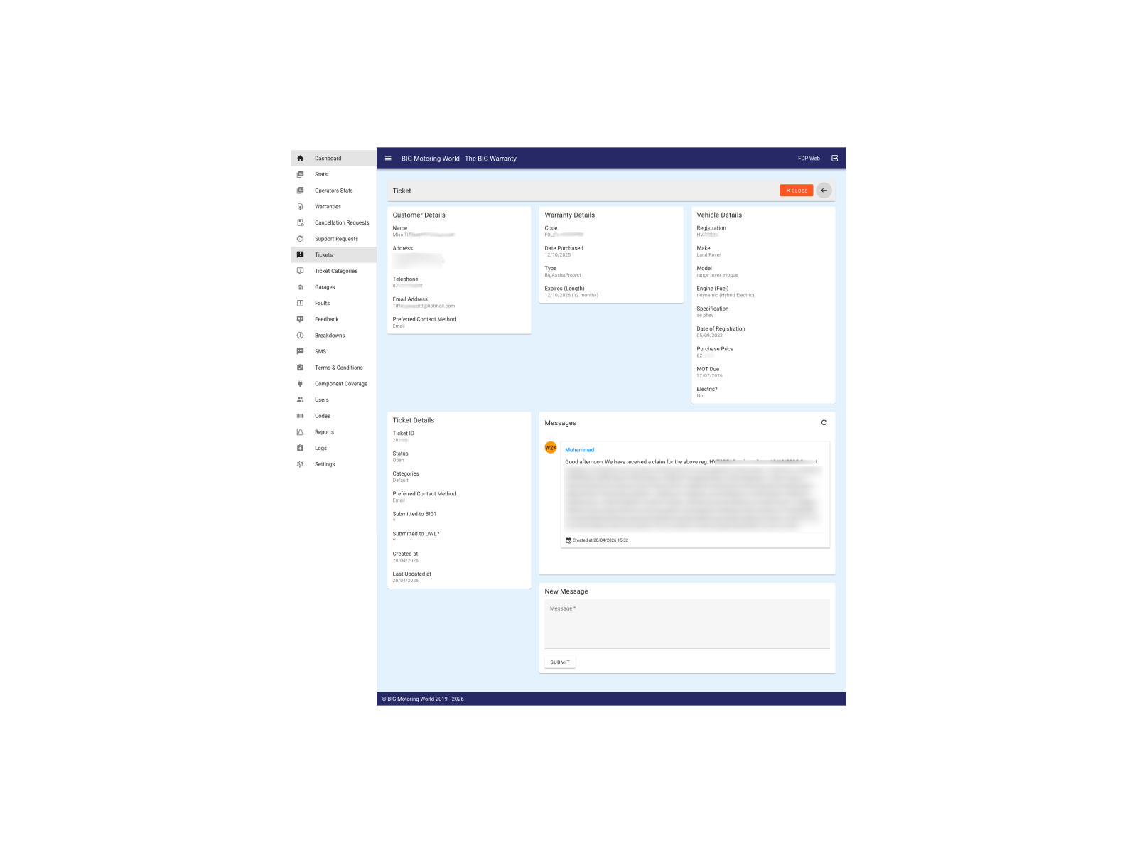 Warranty support requests interface