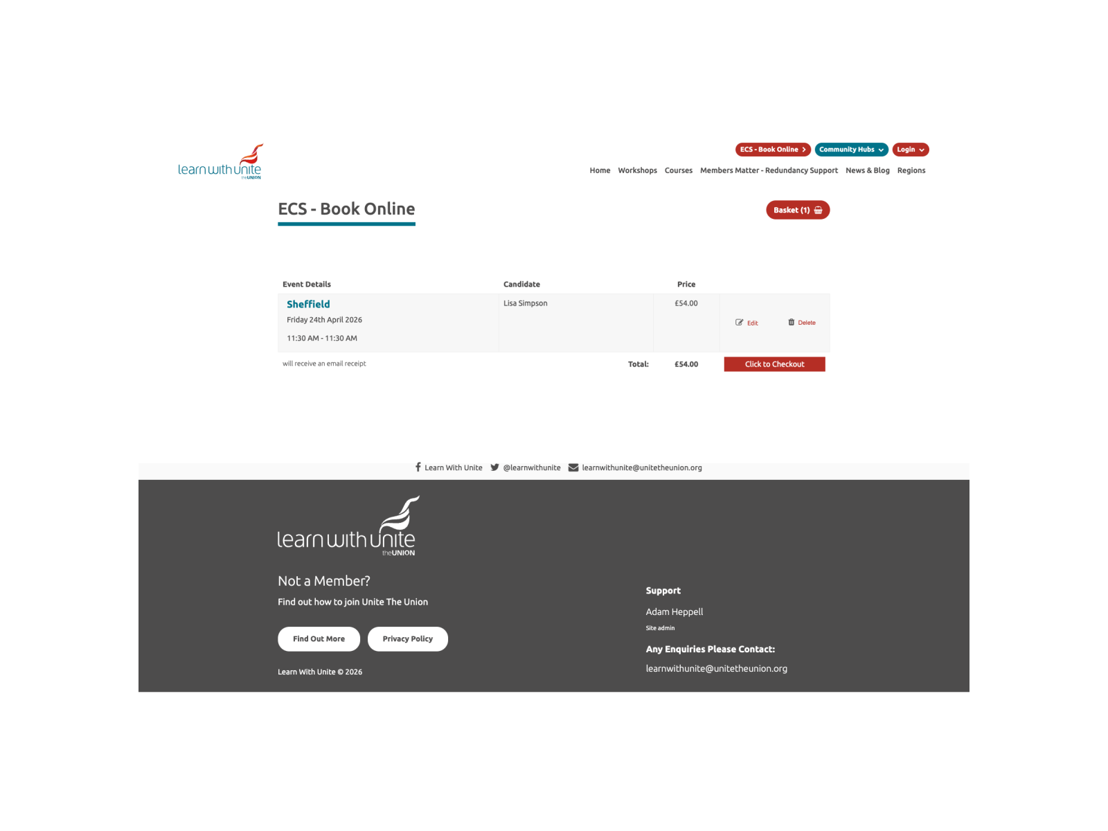 ECS booking checkout interface