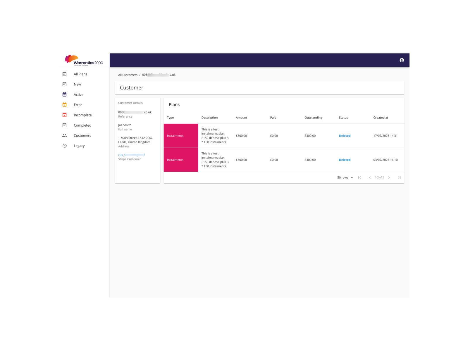 Customer payment page
