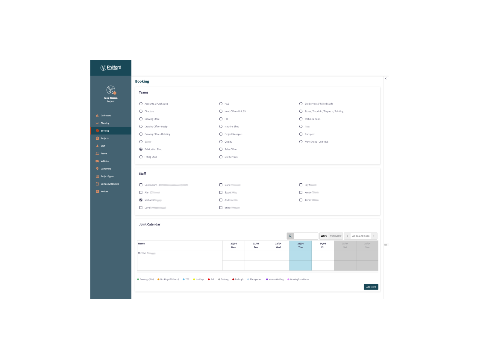 Philfords planning screen